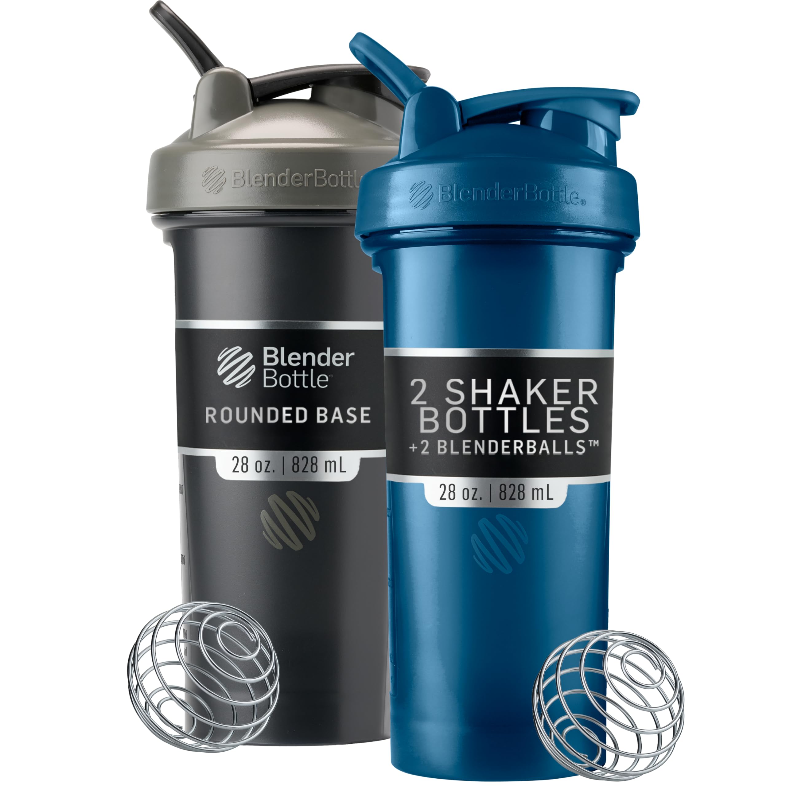 BlenderBottle vista frontal del pack de dos en negro y navy con beneficio de portabilidad