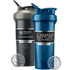 BlenderBottle vista frontal del pack de dos en negro y navy con beneficio de portabilidad