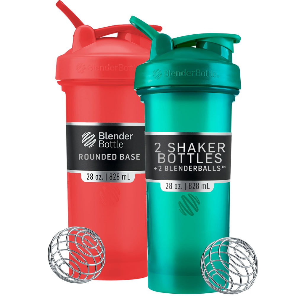 BlenderBottle vista frontal pack rojo y verde, fácil transporte