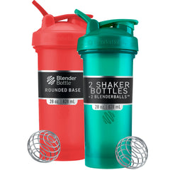 BlenderBottle vista frontal pack rojo y verde, fácil transporte