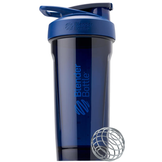 BlenderBottle vista frontal con tapa azul y cierre seguro, ideal para llevar