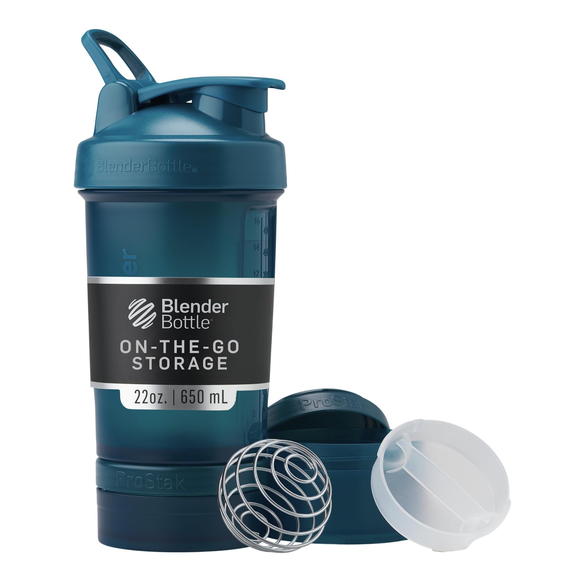 BlenderBottle ProStak frente en color Ocean Blue mostrando diseño y logo, transporte fácil