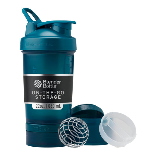 BlenderBottle ProStak frente en color Ocean Blue mostrando diseño y logo, transporte fácil
