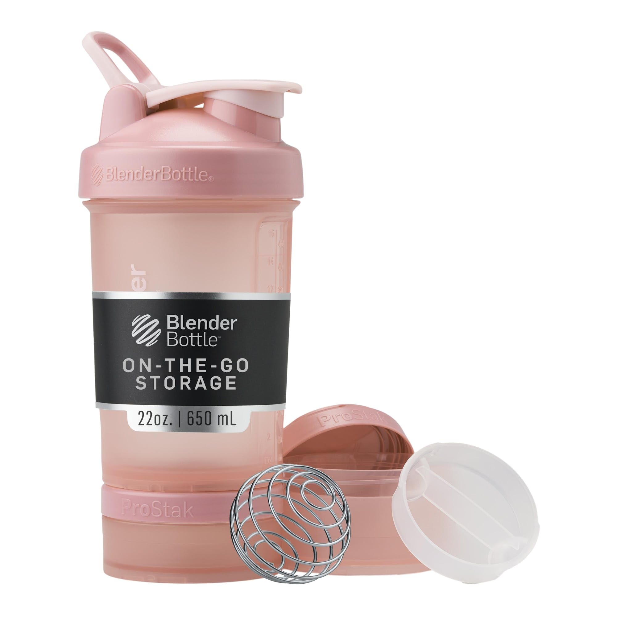 BlenderBottle ProStak frontal 22 oz en rosa mostrando el conjunto y portabilidad