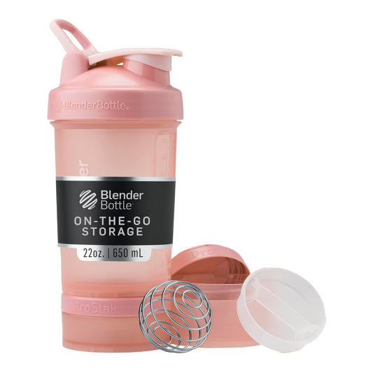 BlenderBottle ProStak frontal 22 oz en rosa mostrando el conjunto y portabilidad