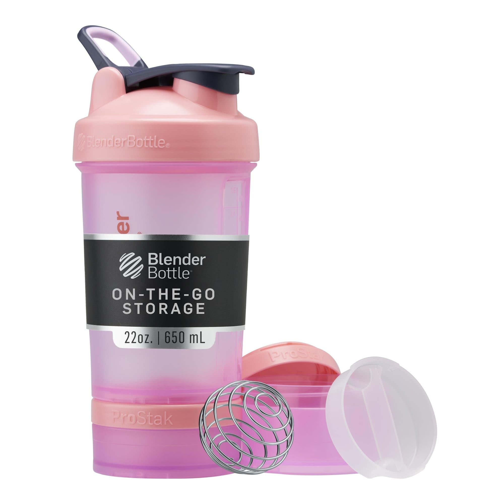BlenderBottle ProStak frontal rosa mostrando diseño y capacidad, ideal para llevar suplementos