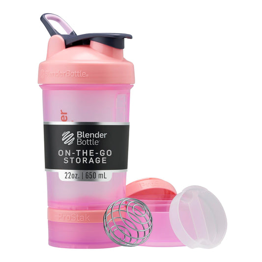 BlenderBottle ProStak frontal rosa mostrando diseño y capacidad, ideal para llevar suplementos