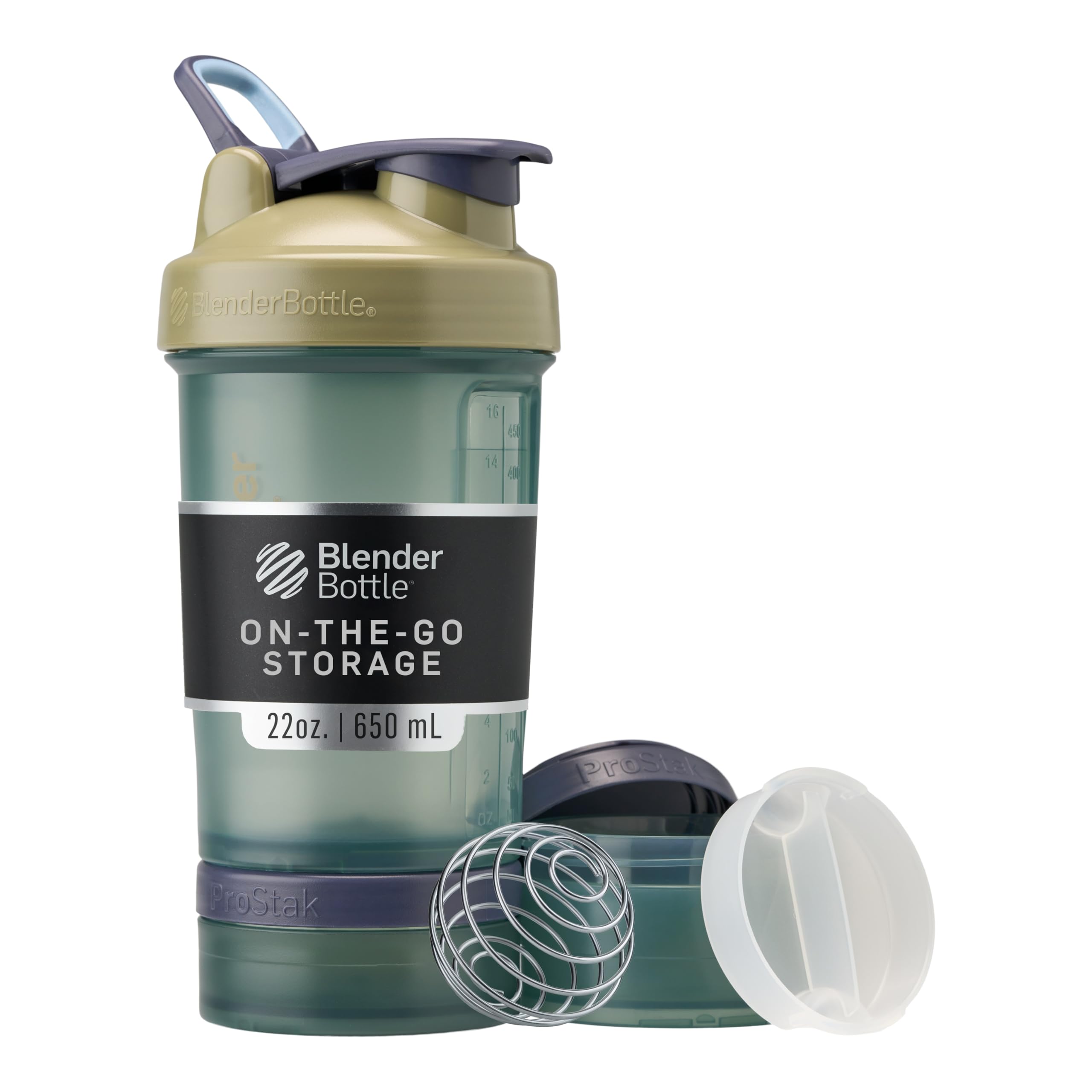 BlenderBottle ProStak vista frontal tan, portátil y todo en uno