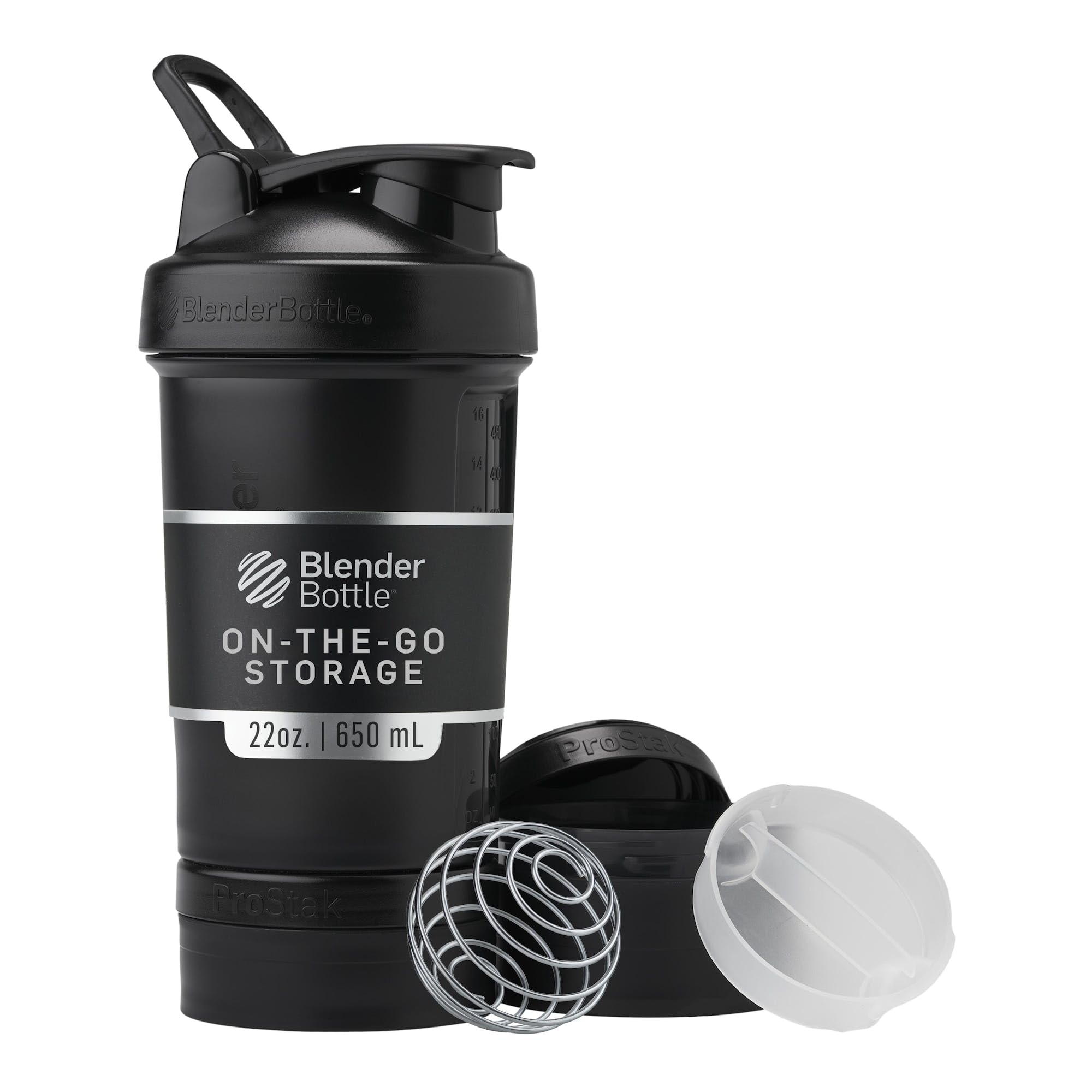 BlenderBottle vista frontal del ProStak negro con frascos, transporte fácil