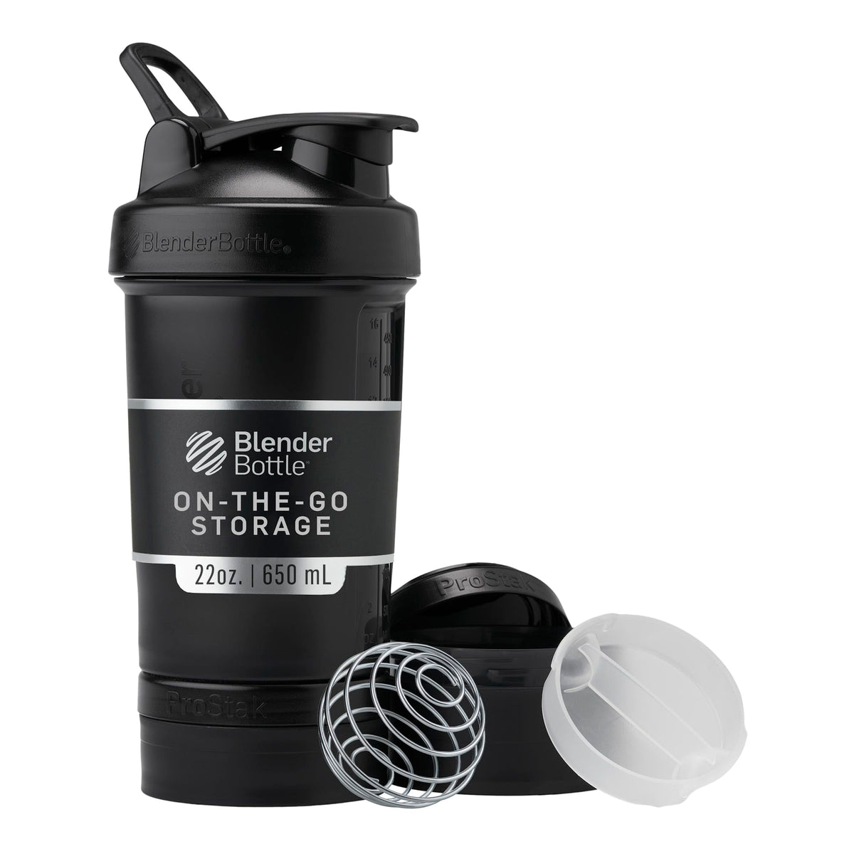 BlenderBottle vista frontal del ProStak negro con frascos, transporte fácil