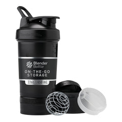 BlenderBottle vista frontal del ProStak negro con frascos, transporte fácil