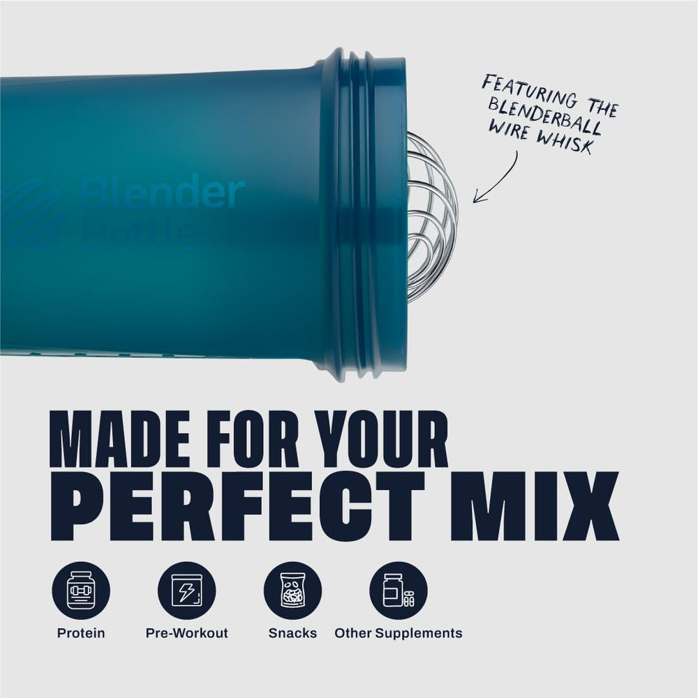 Pastillero integrado de BlenderBottle ProStak cerrado y seguro para llevar suplementos