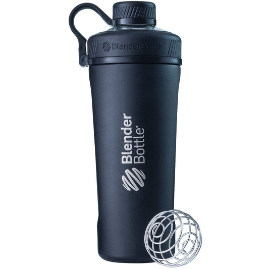 BlenderBottle Radian frente en negro mostrando diseño y capacidad portátil