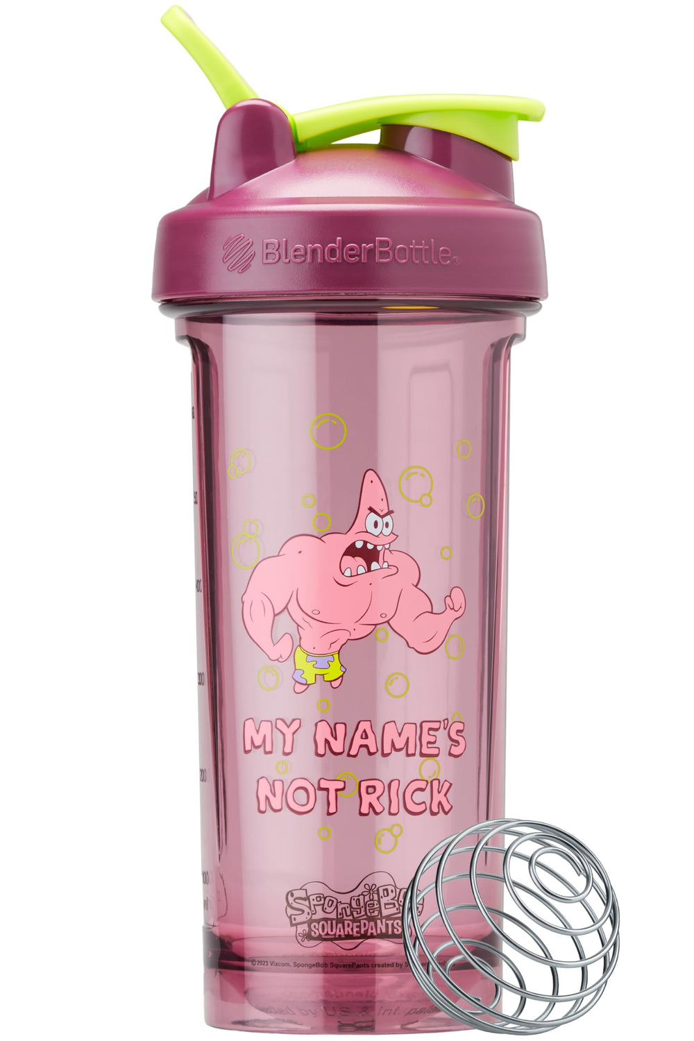 BlenderBottle frontal en rojo mostrando diseño SpongeBob y capacidad 28 oz, apariencia duradera