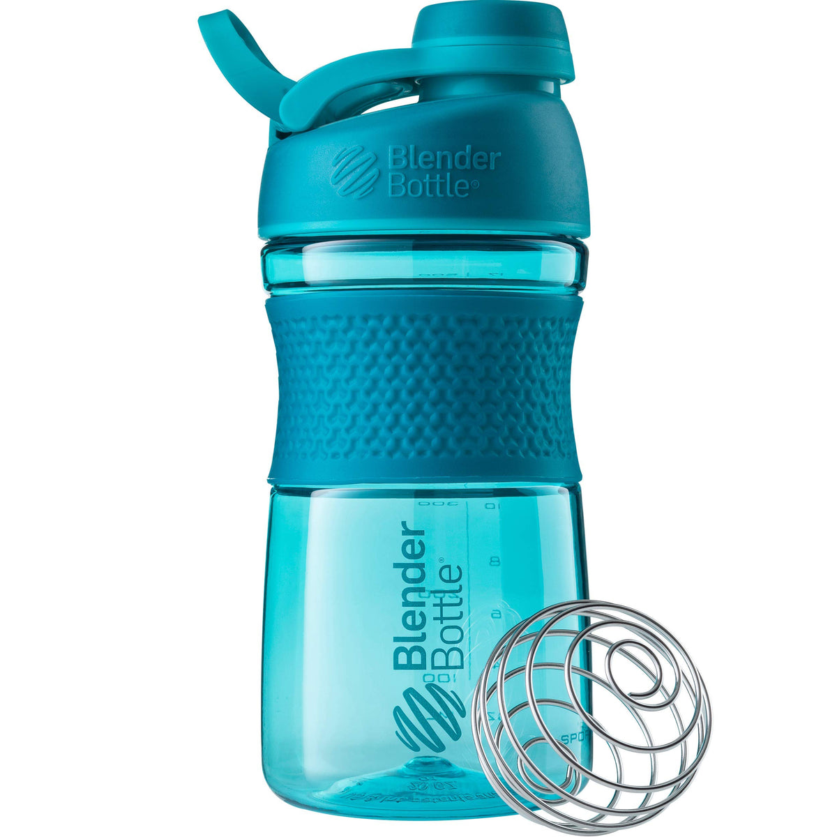 BlenderBottle SportMixer frente mostrando diseño teal y tapa hermética