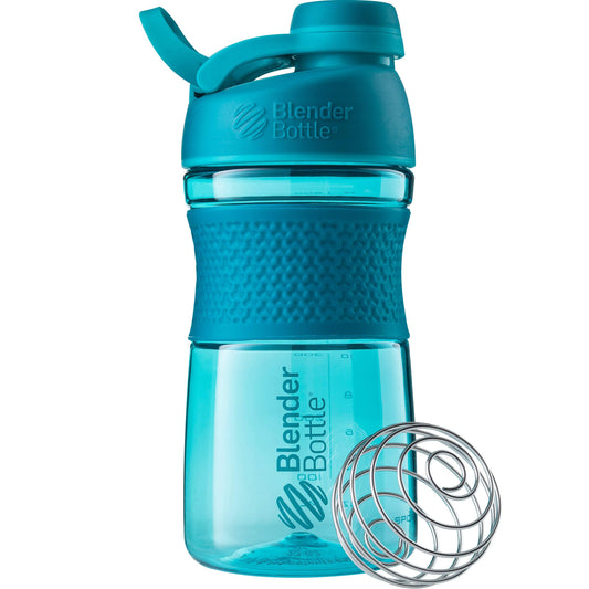 BlenderBottle SportMixer frente mostrando diseño teal y tapa hermética