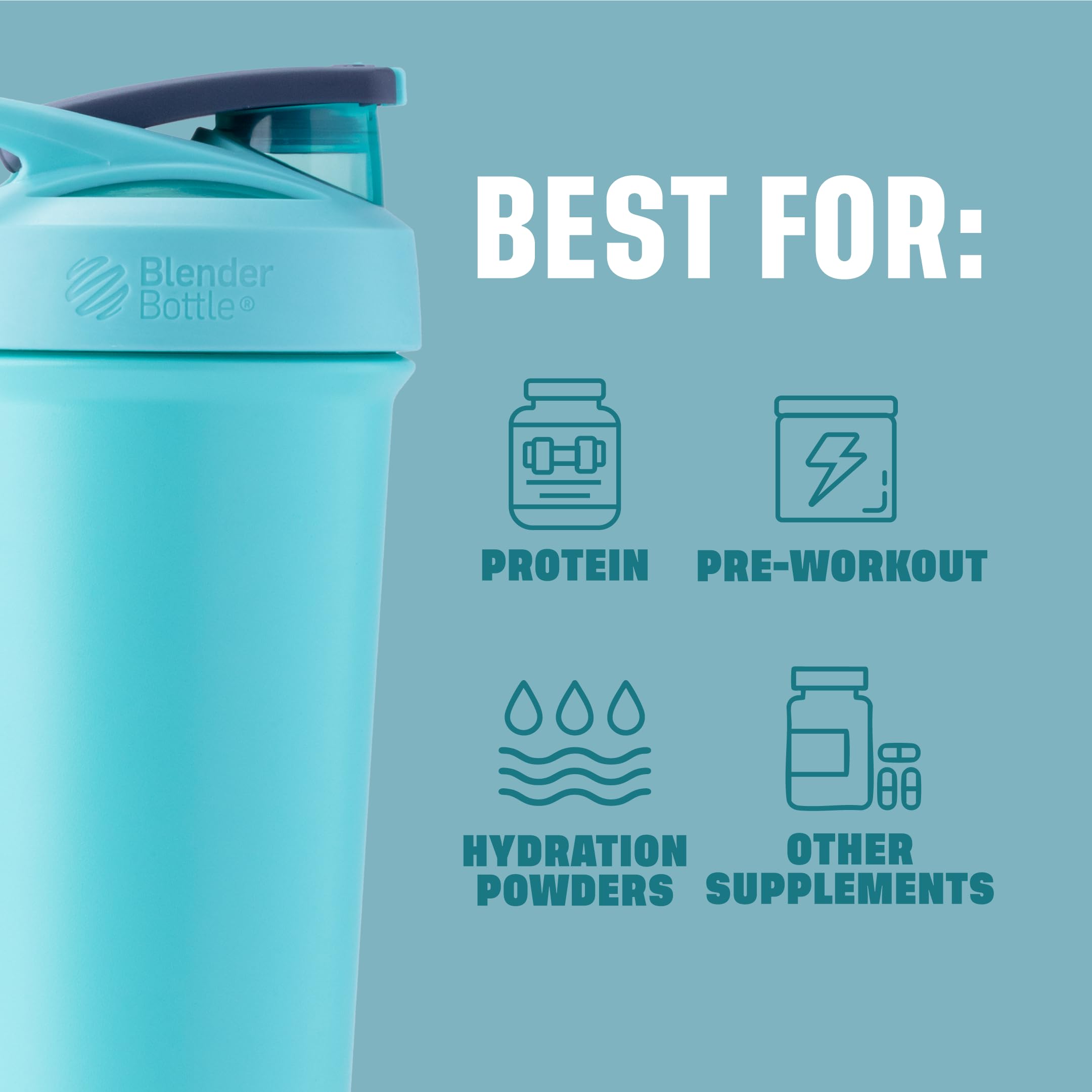 Base redondeada BlenderBottle que optimiza la mezcla y reduce grumos