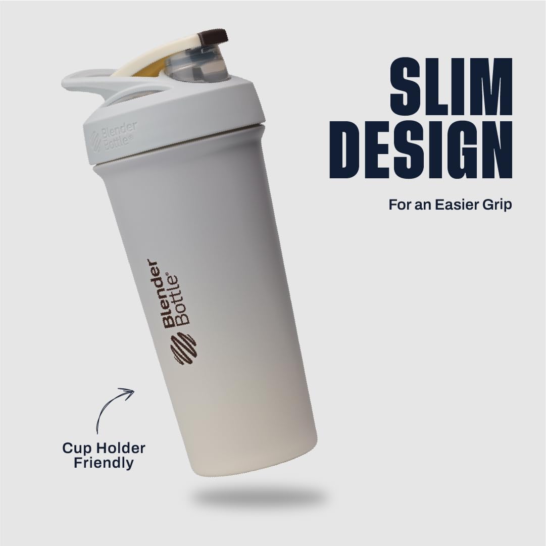 BlenderBottle Strada Sleek en uso en gimnasio para mezclas sin derrames ni salpicaduras