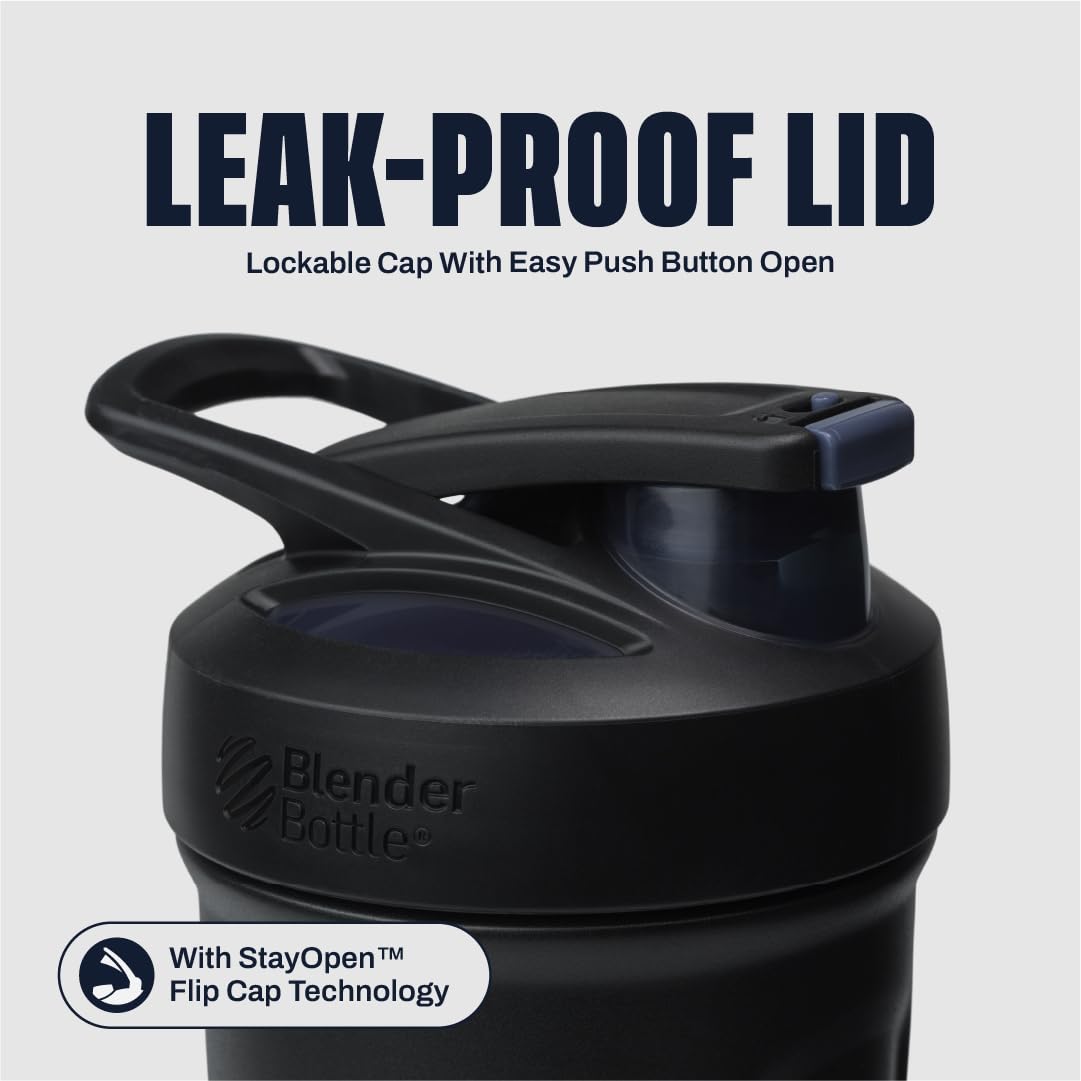 BlenderBottle detalle de la tapa con botón y cierre seguro para evitar derrames