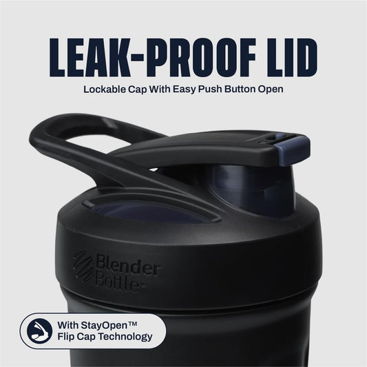 BlenderBottle detalle de la tapa con botón y cierre seguro para evitar derrames