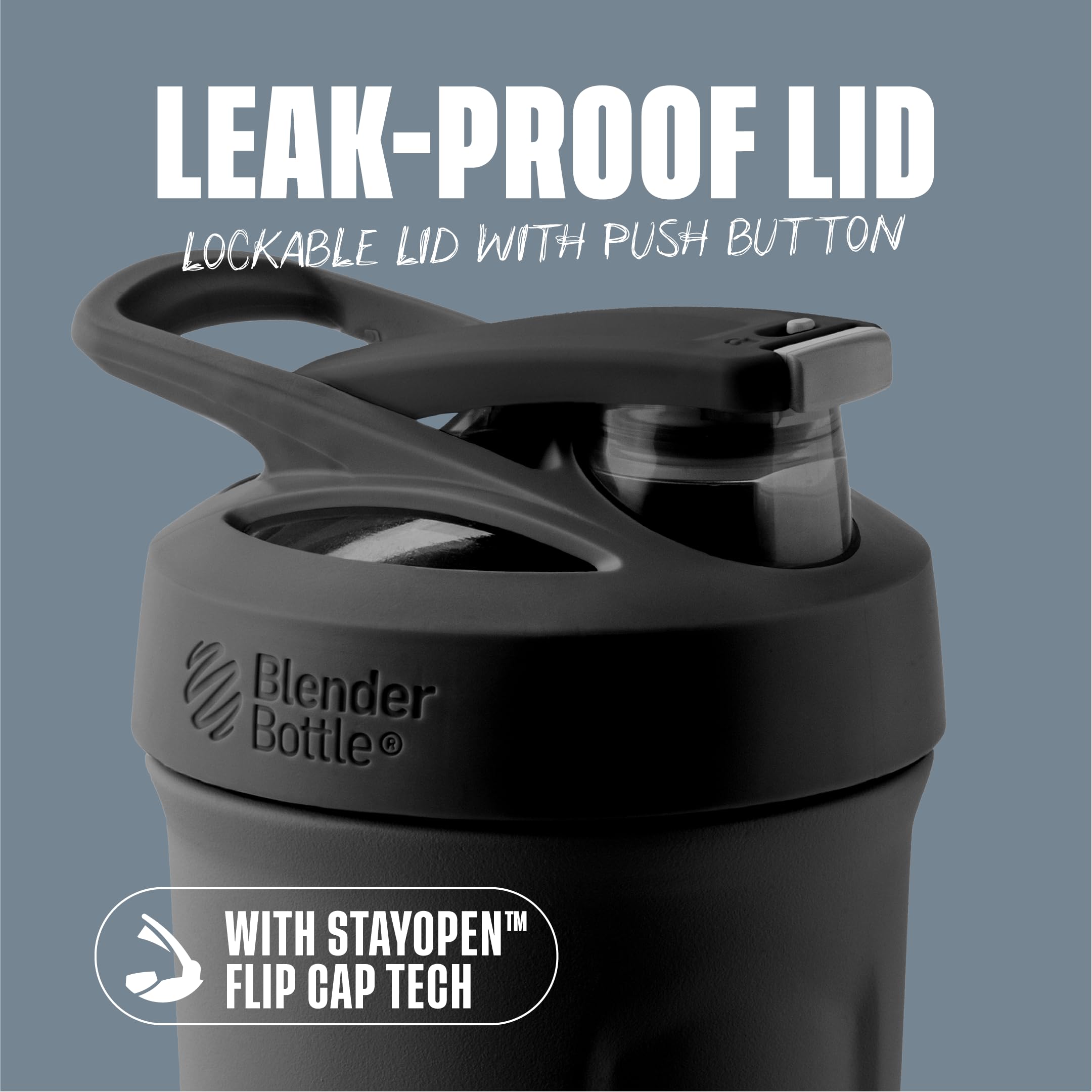 BlenderBottle detalle de la tapa con botón que evita fugas y facilita apertura