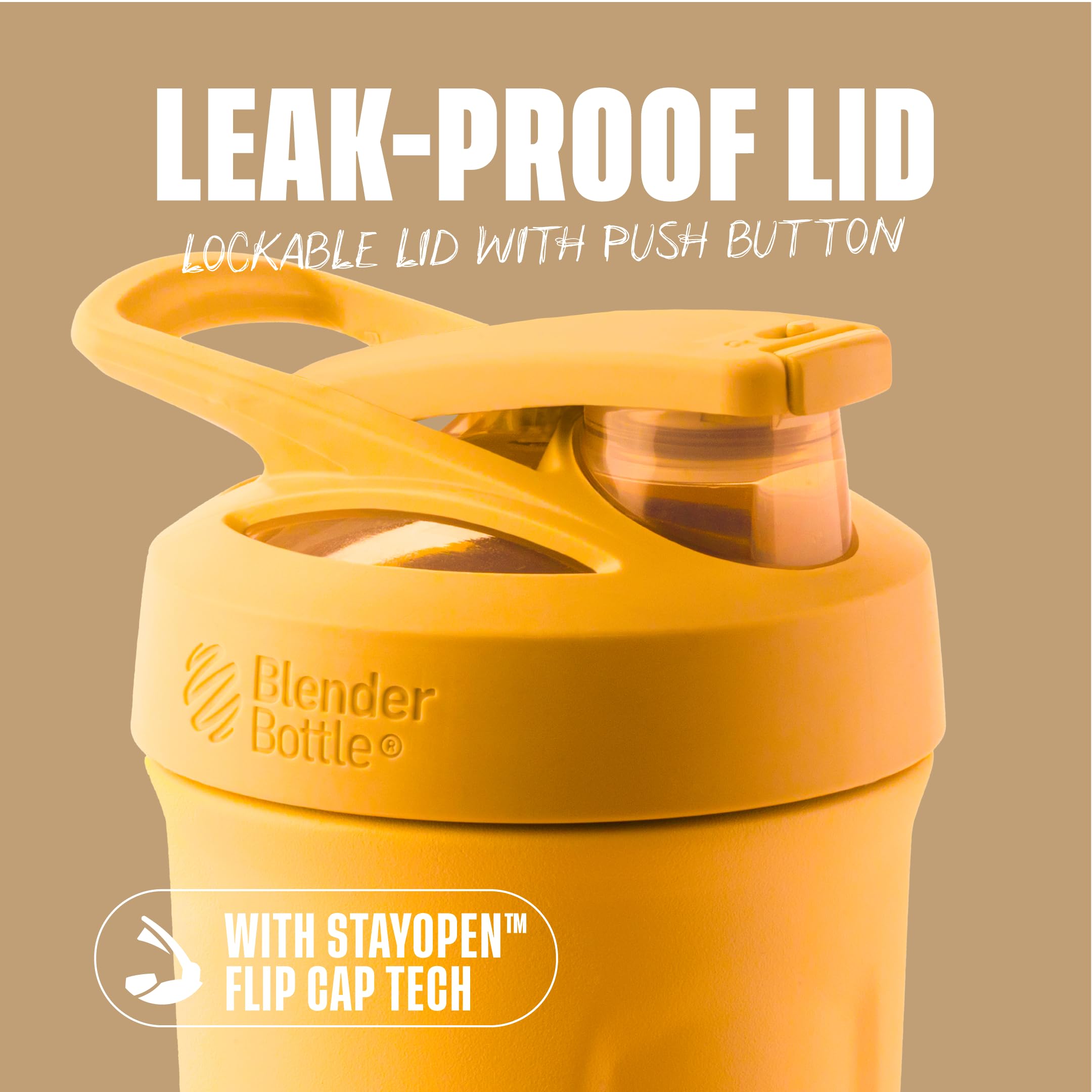 BlenderBottle primer plano de la tapa con botón y cierre seguro, facilita apertura rápida