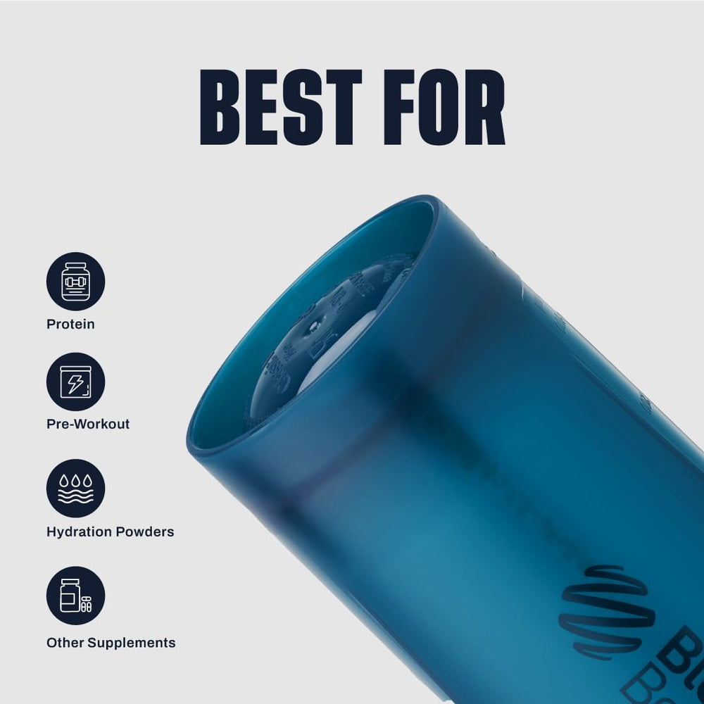 Superficie y marcas de medición en la BlenderBottle Classic V2 que facilitan dosificar ingredientes