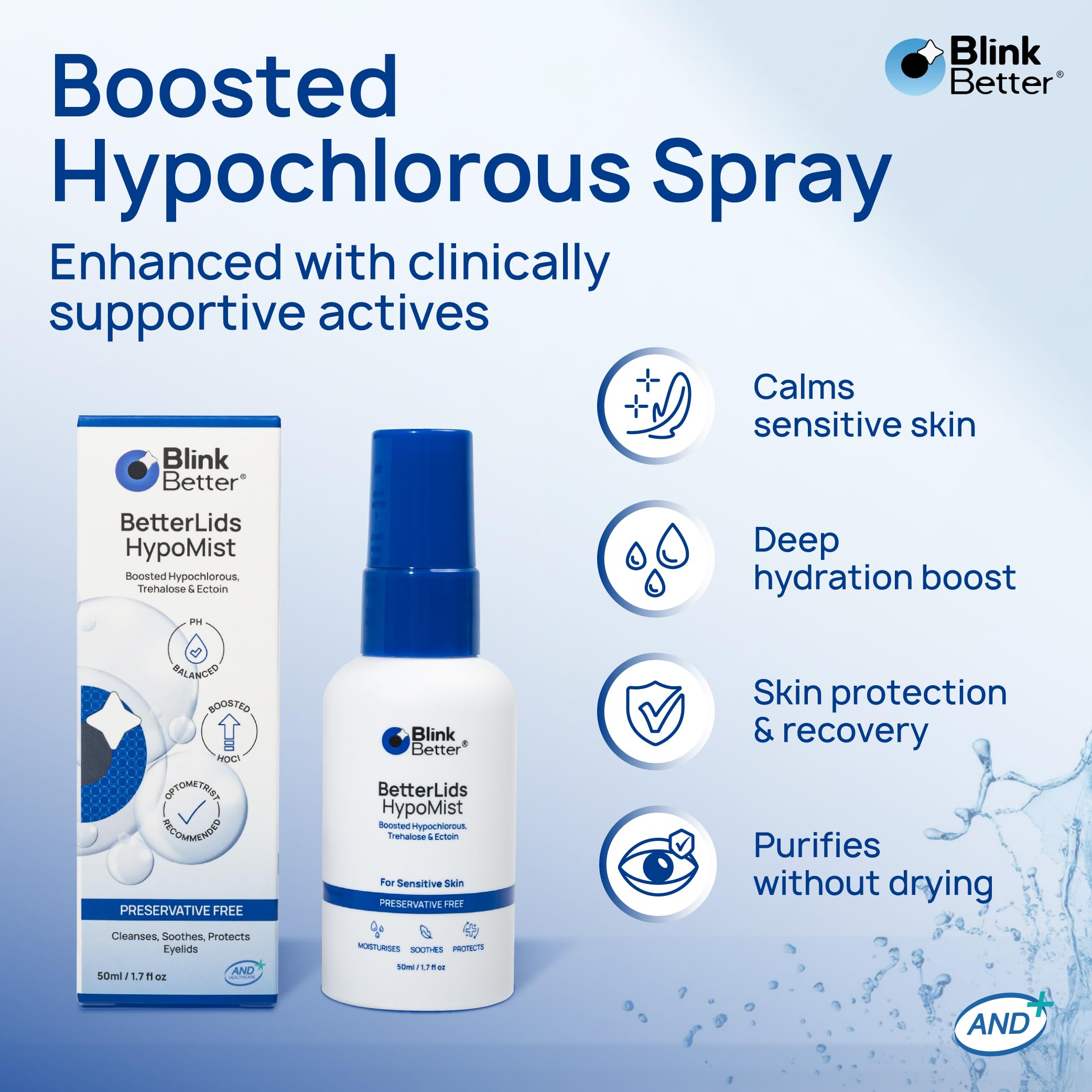 Neblina fina de BlinkBetter BetterLids demostrando aplicación sin frotar