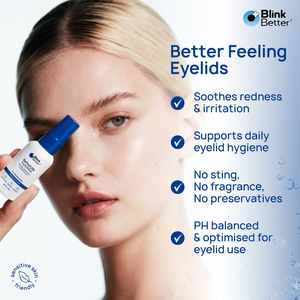 Persona aplicando BlinkBetter BetterLids con ojos cerrados para limpieza rápida