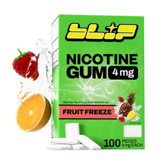 Blip chicle 4mg frente del empaque mostrando cantidad y sabor Fruit Freeze, ayuda a controlar antojos