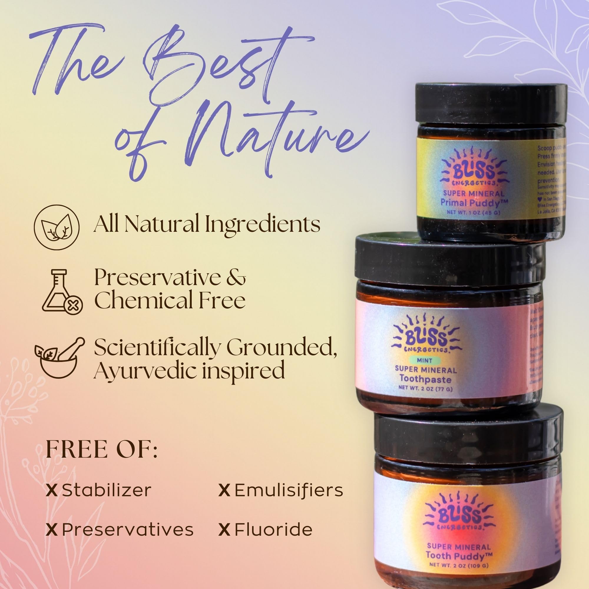 Bliss Energetics polvos de ingredientes naturales destacando contenido mineral