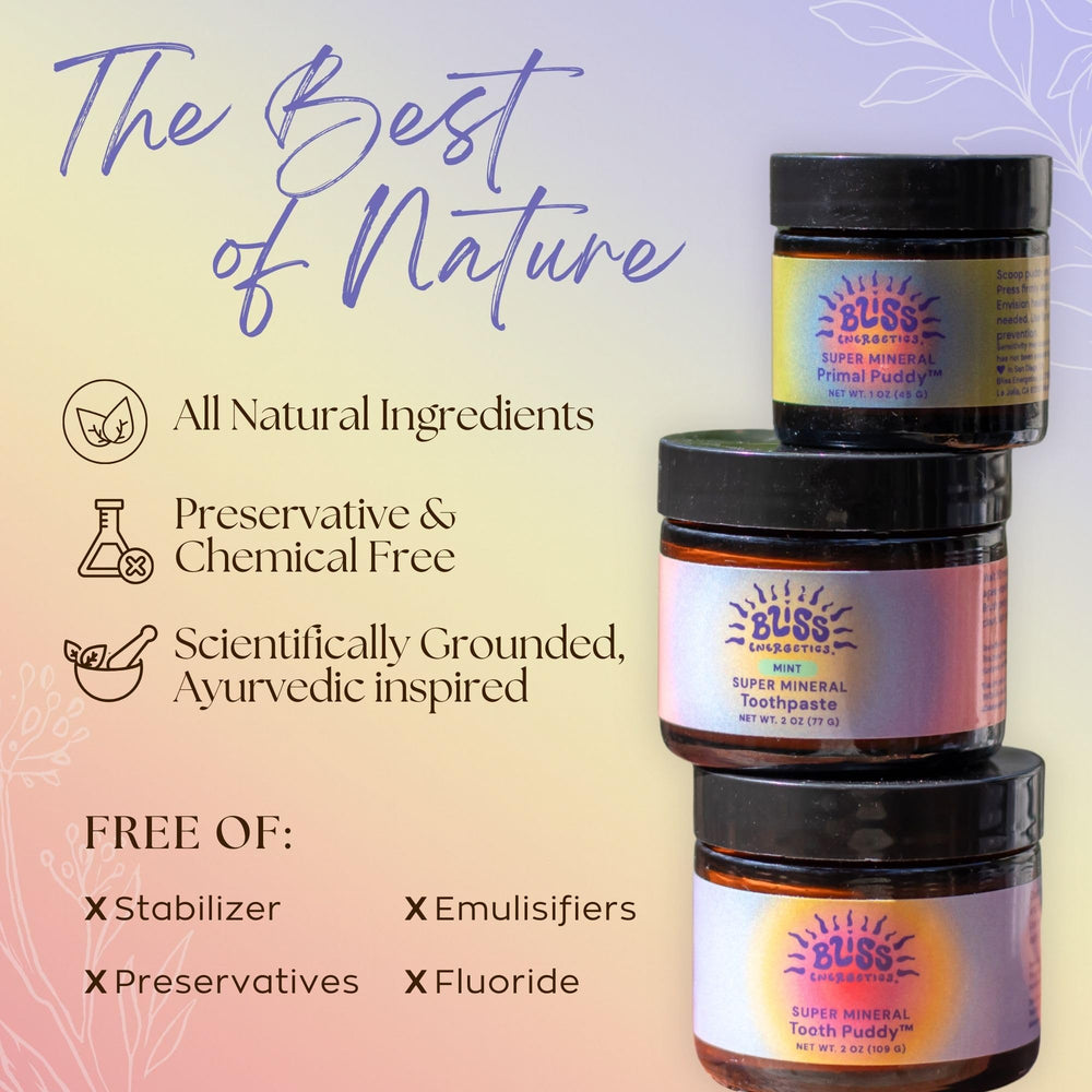 Bliss Energetics polvos de ingredientes naturales destacando contenido mineral