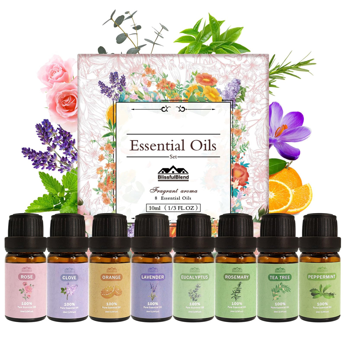 BlissfulBlend set frontal mostrando los ocho frascos y variedad