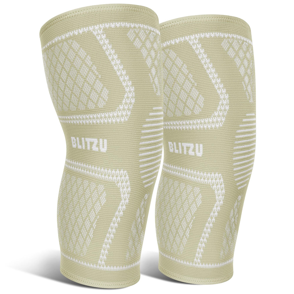 BLITZU rodillera frontal con empaque mostrando diseño y beneficios de soporte