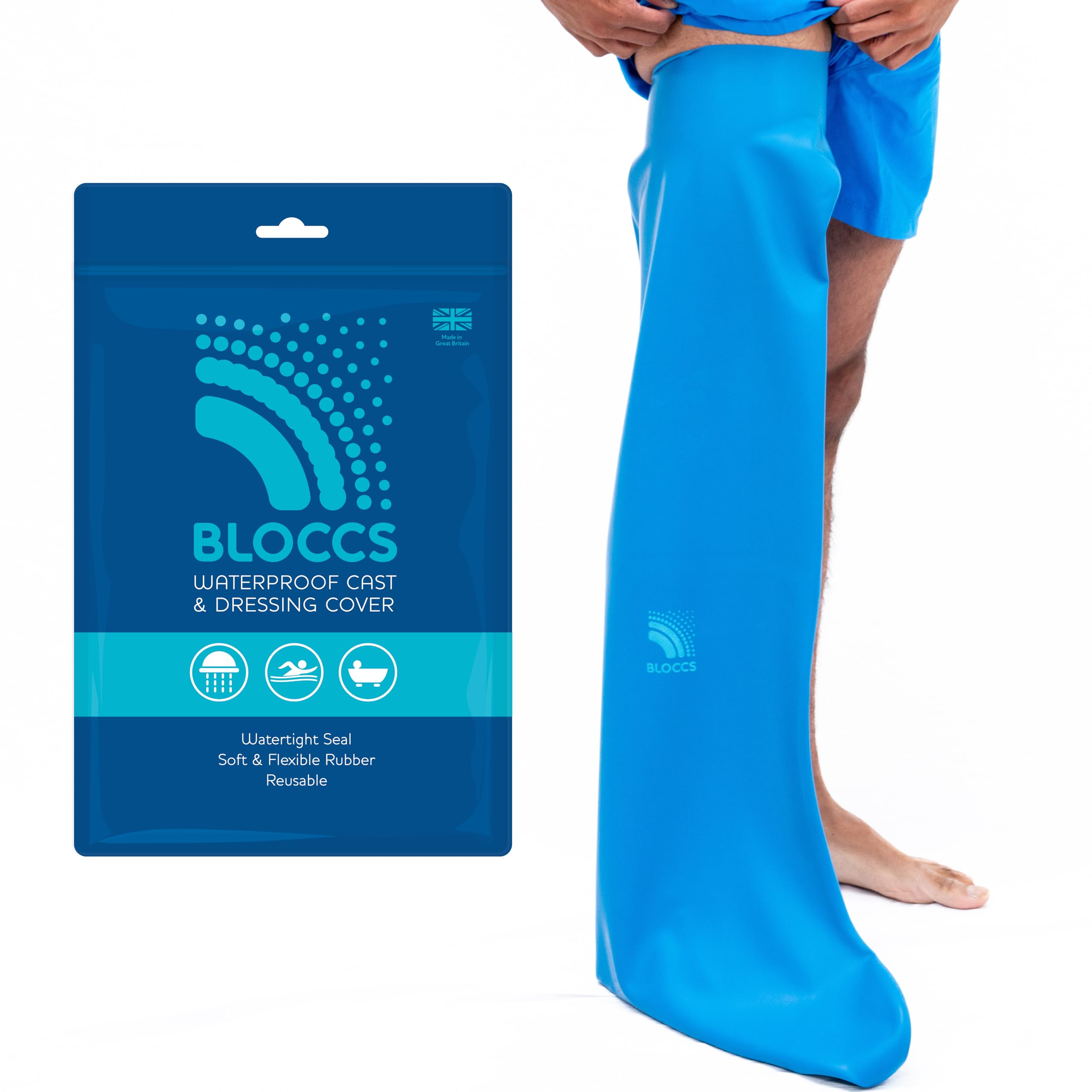Bloccs empaque frontal mostrando el protector y beneficios de impermeabilidad