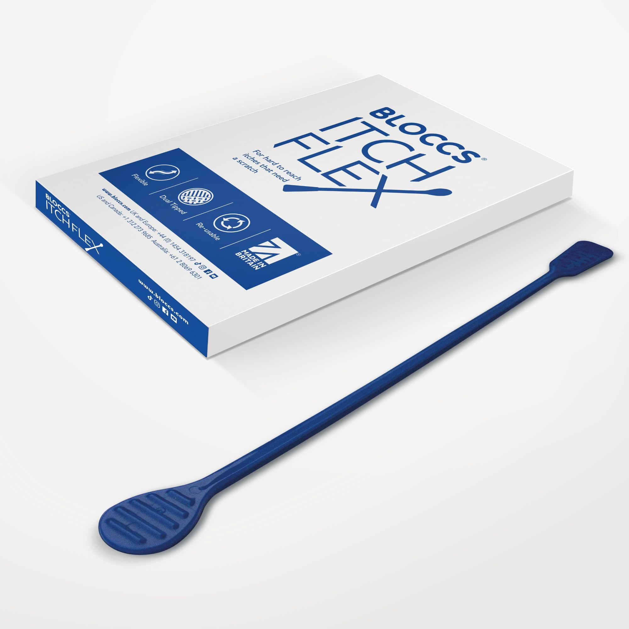 BLOCCS ItchFlex frontal del producto mostrando diseño seguro y beneficio alivio