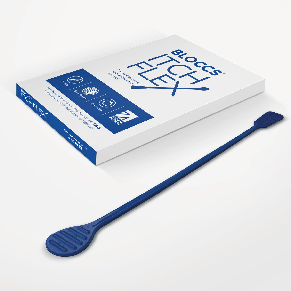 BLOCCS ItchFlex frontal del producto mostrando diseño seguro y beneficio alivio