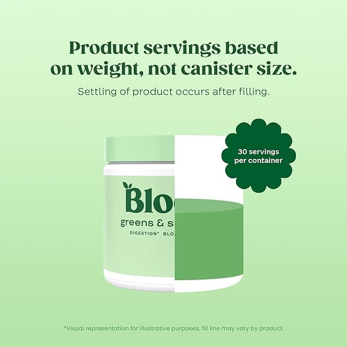 Bloom Nutrition comparación de tamaño del envase y 30 porciones claras