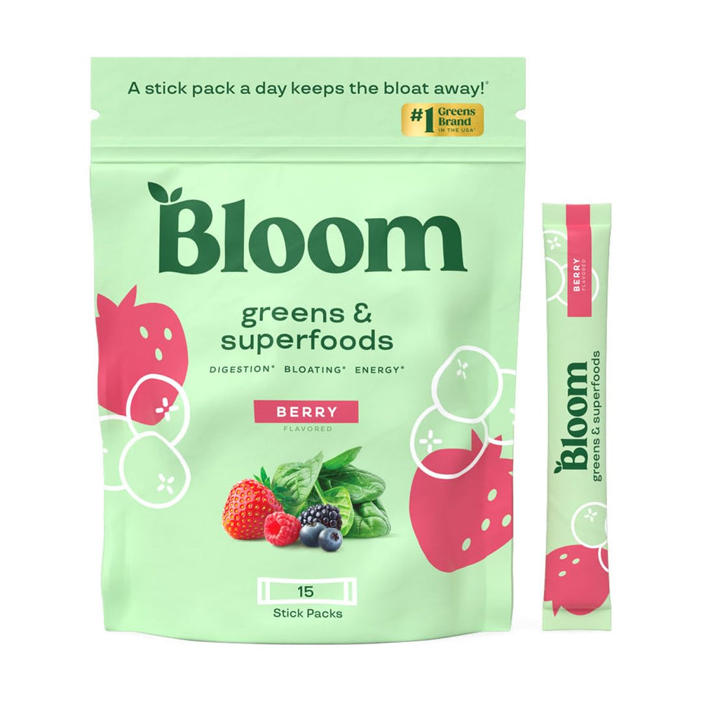 Bloom Nutrition frente del empaque mostrando 15 sobres y beneficio de portabilidad