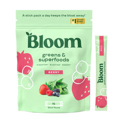 Bloom Nutrition frente del empaque mostrando 15 sobres y beneficio de portabilidad