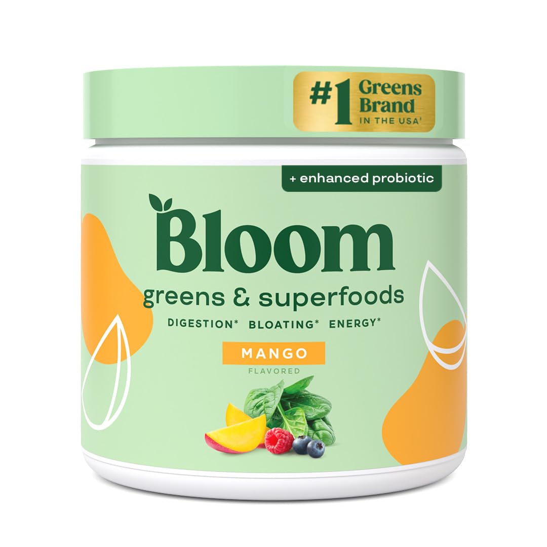 Bloom Nutrition frente del envase mostrando etiqueta y sabor mango, presentación clara y práctica