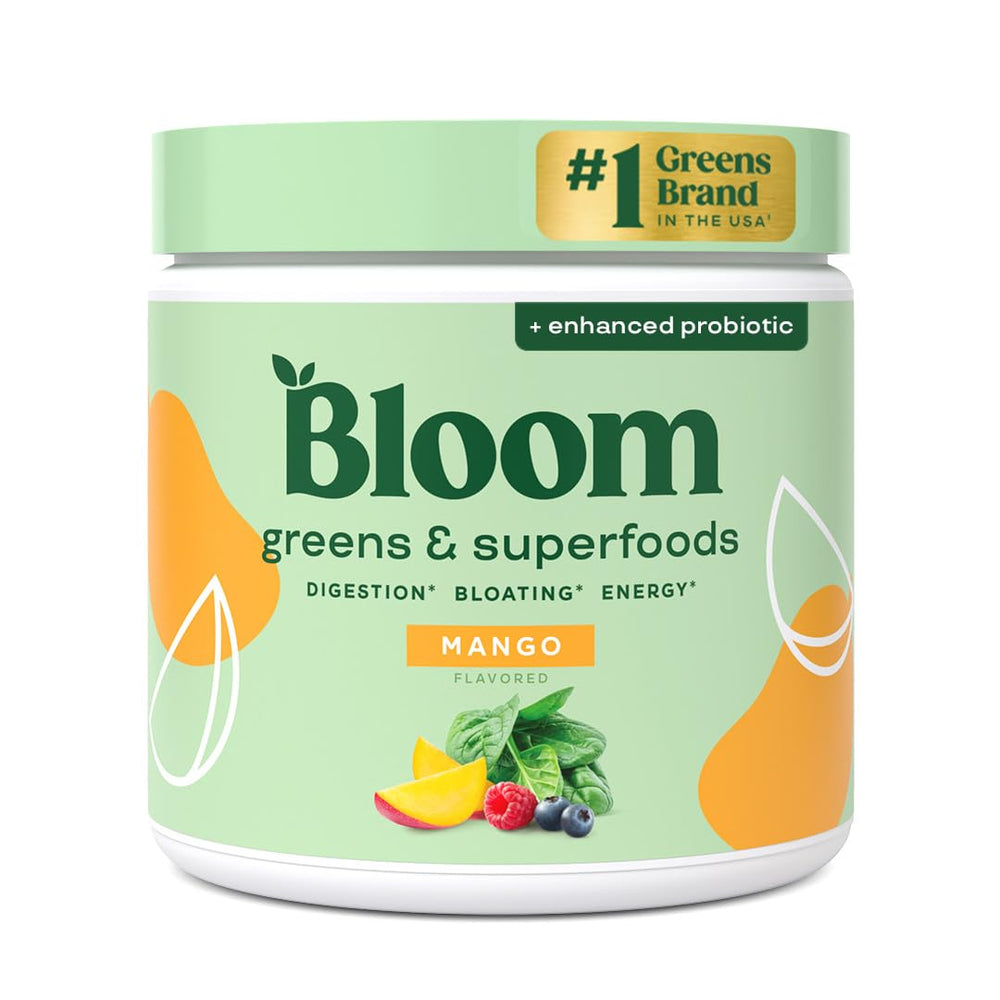 Bloom Nutrition frente del envase mostrando etiqueta y sabor mango, presentación clara y práctica