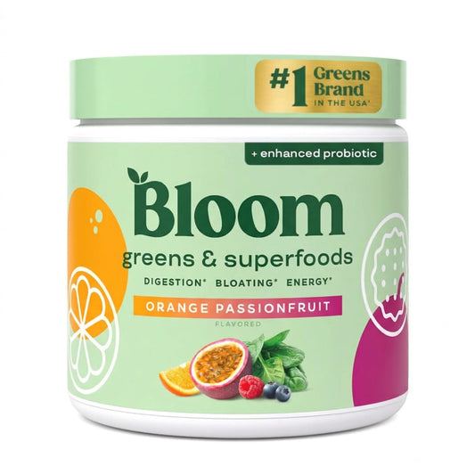 Bloom Nutrition frente del envase muestra etiqueta y porciones para conveniencia