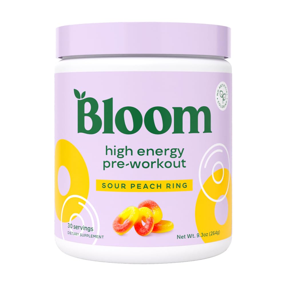 Bloom Nutrition frasco frontal del producto mostrando sabor sour peach ring y beneficio energizante
