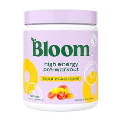 Bloom Nutrition frasco frontal del producto mostrando sabor sour peach ring y beneficio energizante
