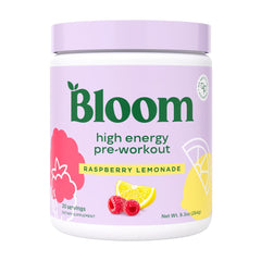 Bloom Nutrition envase frontal mostrando 30 servicios y sabor frambuesa-limonada, ideal para energía