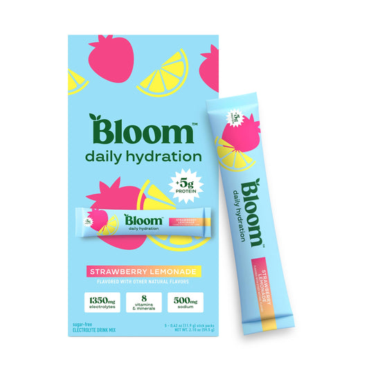 Bloom Nutrition frente del paquete mostrando 5 sobres y sabor Strawberry Lemonade