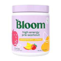 Bloom Nutrition frasco frontal mostrando etiqueta y sabor fresa mango, atractivo visual