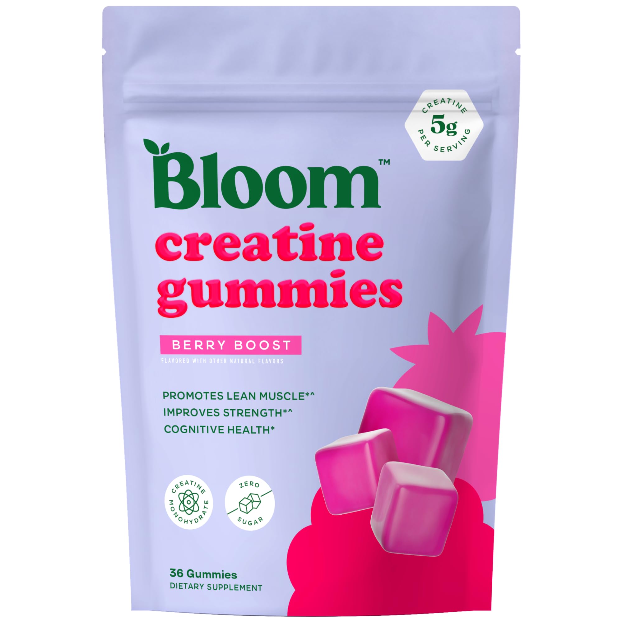 Bloom Nutrition envase frontal mostrando gomitas Berry Boost y conveniencia