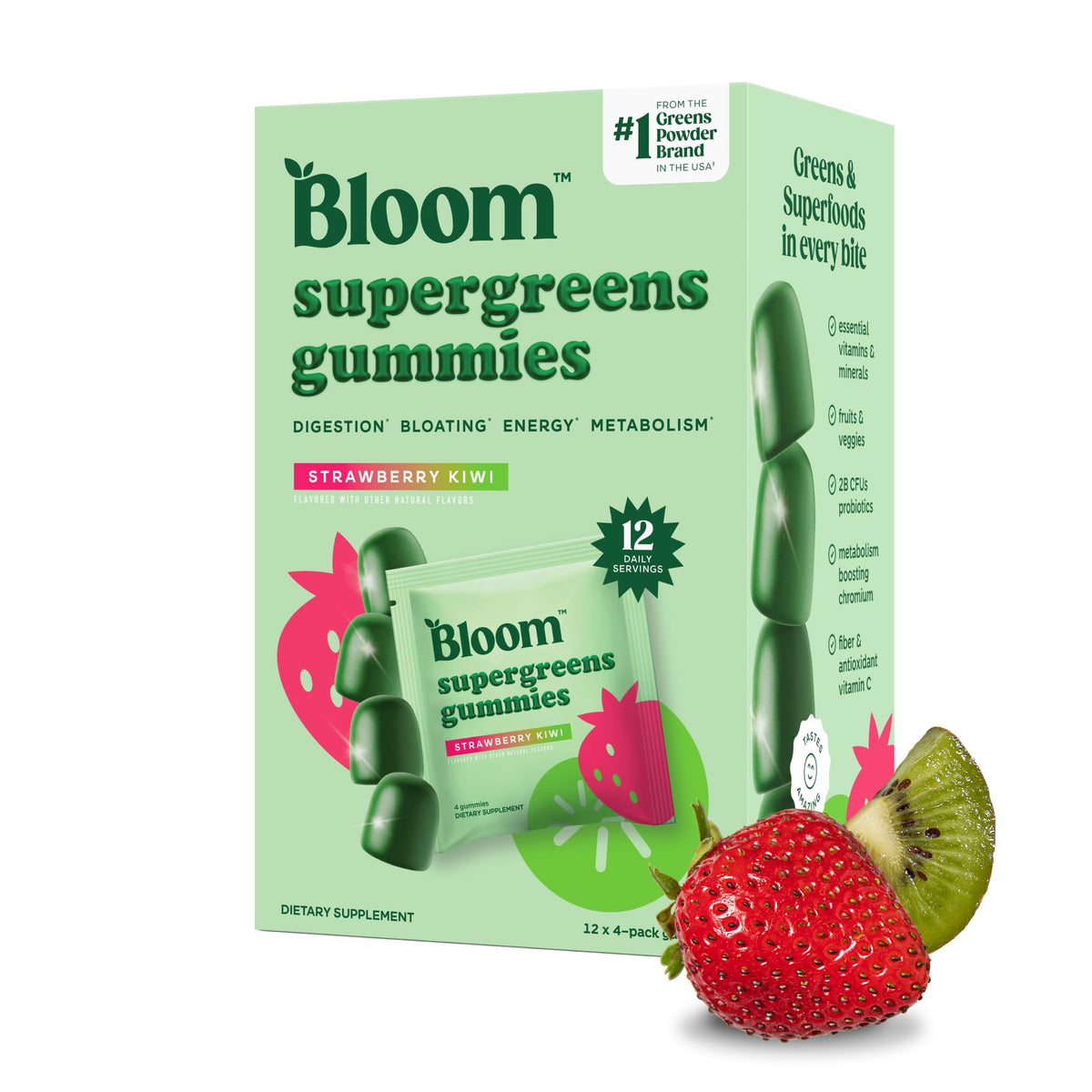 Bloom Nutrition vista frontal del envase que destaca porciones y diseño atractivo